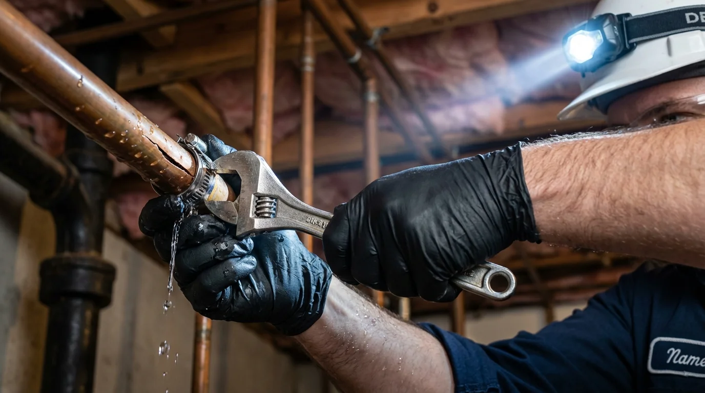Emergency pipe clamp repair being performed by a Johns Plumbing LLC plumber in Montpelier