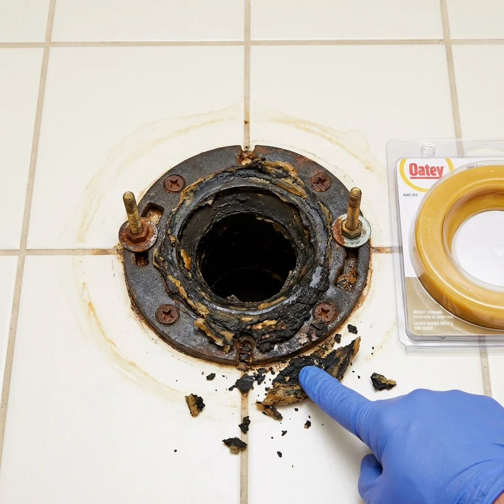 Failed wax ring showing water seepage at the base of a toilet in a Montpelier, VT home