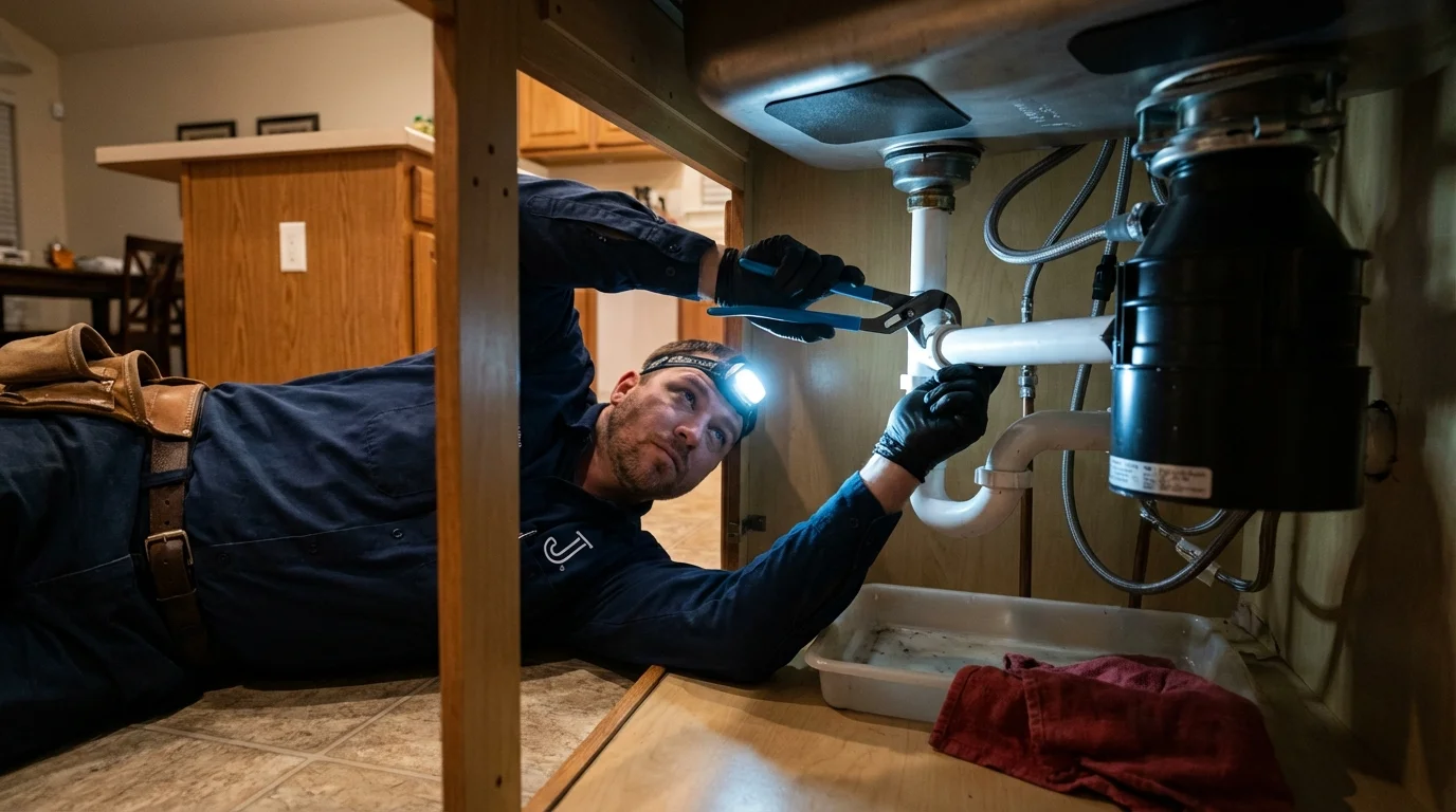 P-trap and supply line connections under a kitchen sink showing a common leak point in Montpelier, VT